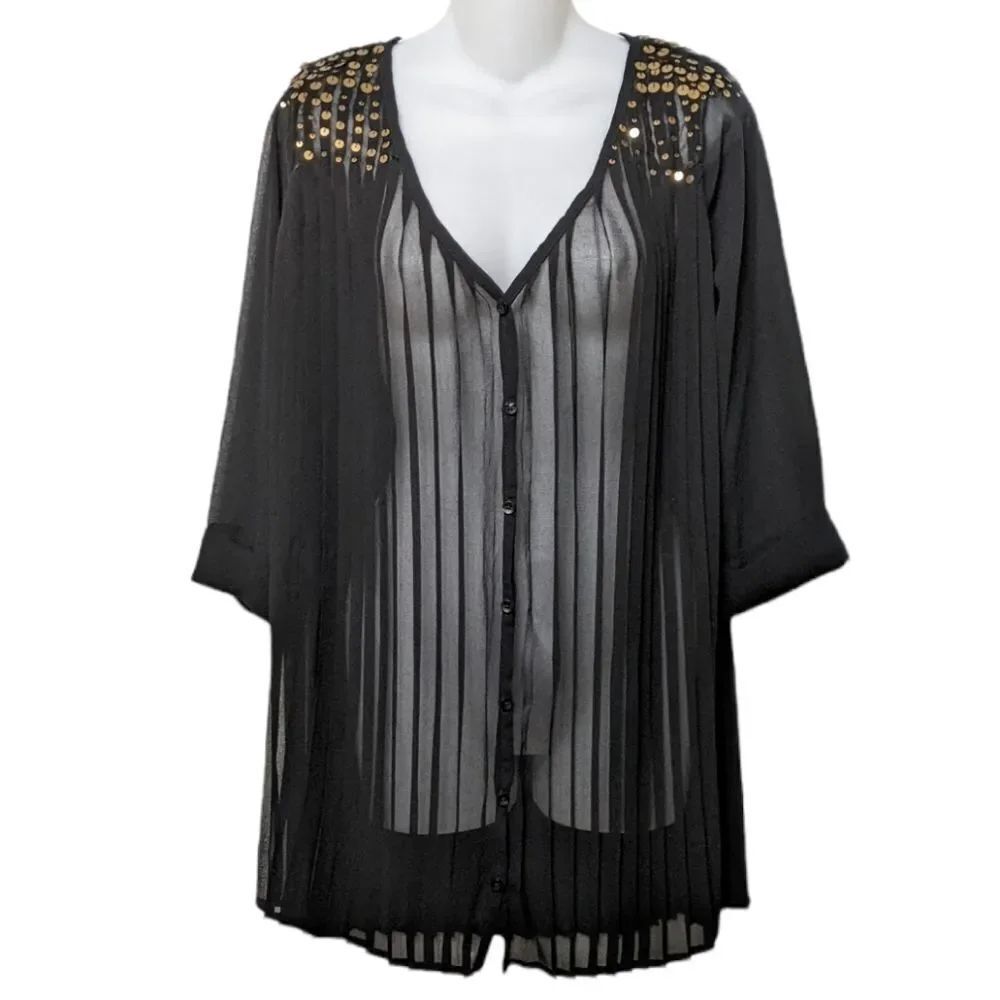 NWT STONE ROW Sheer Pleated Sequin Tunic Top XS